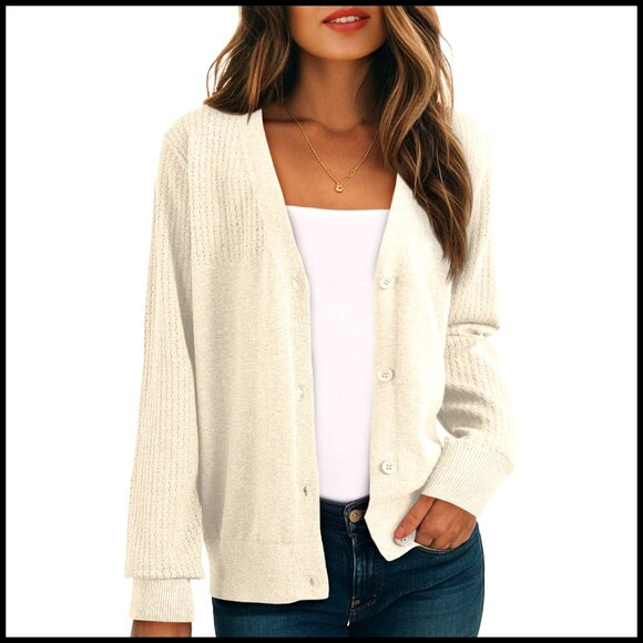 Sweaters - Wool Blend V-Neck Cardigan Sweater Long Sleeve Button Down Hollow Out Knit